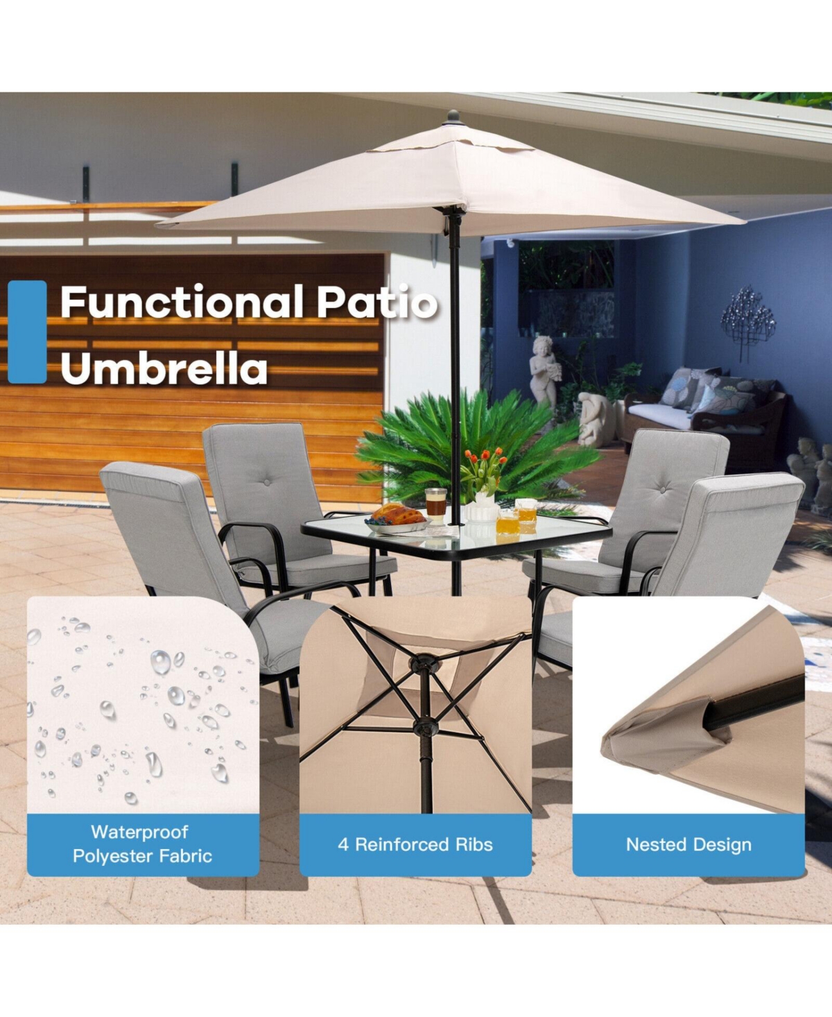 Sugift 5 Feet Square Patio Market Table Outdoor Umbrella with Quick Release Button