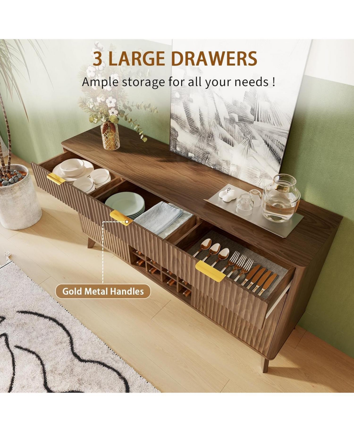 homfan 60" Wide Fluted Wine Bar Cabinet with 2 Side Cabinets, 3 Drawers, 4 Glass Holders and 12 Racks, Modern Buffet Sideboard Storage