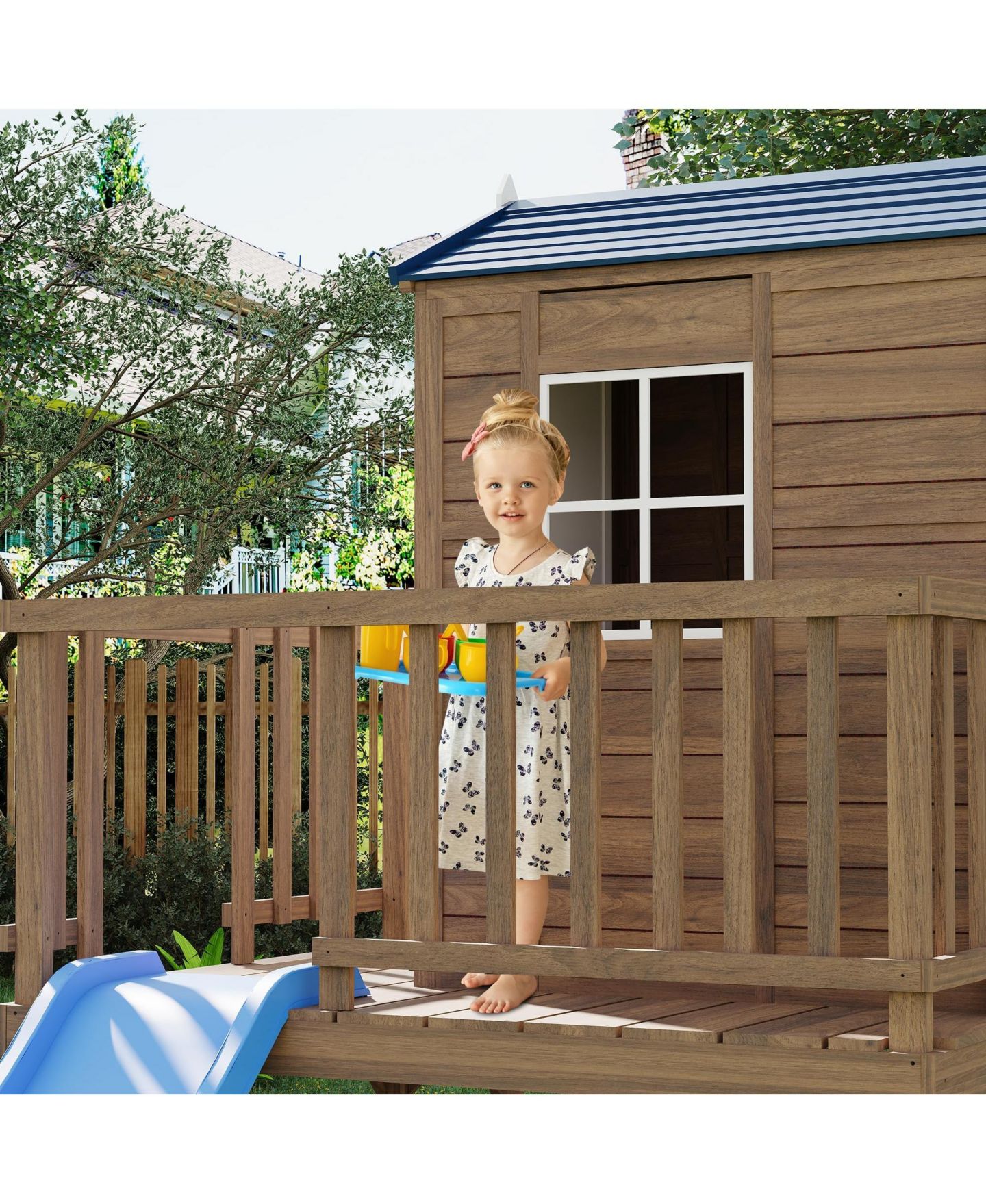 Детская игрушка homfan Kids Outdoor Playhouse with Sandbox, 89 Inch 2 Story Wooden Playhouse with Slide and Step Ladder for Backyard — фото 4