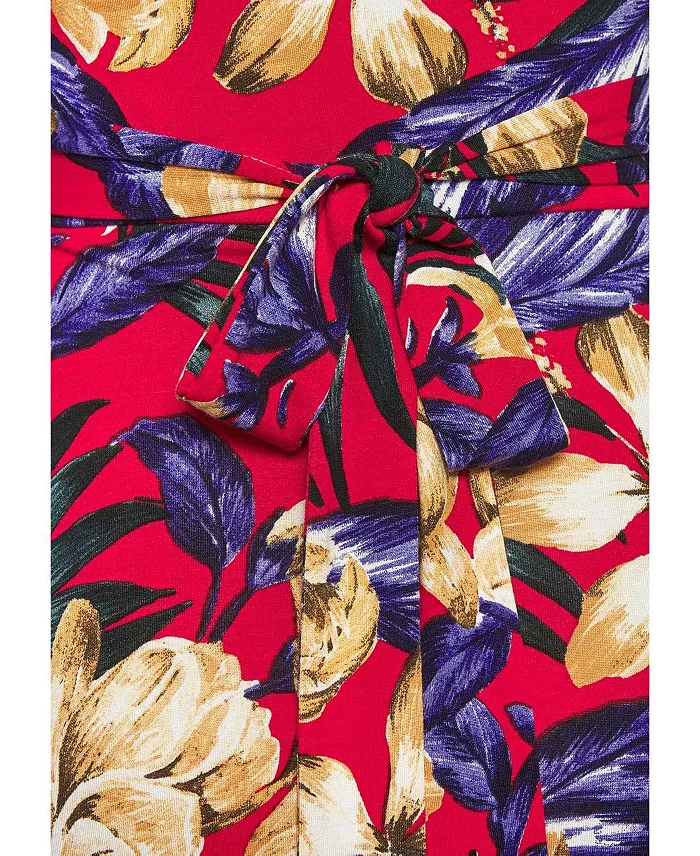 Women's Viscose Printed Handkerchief Hem V-Neck Tie-Waist Midi Dress - thumbnail 7