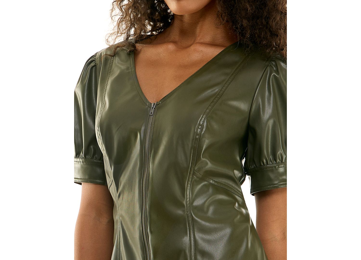Juniors' Pleather V-Neck Mini Dress with Front Zipper