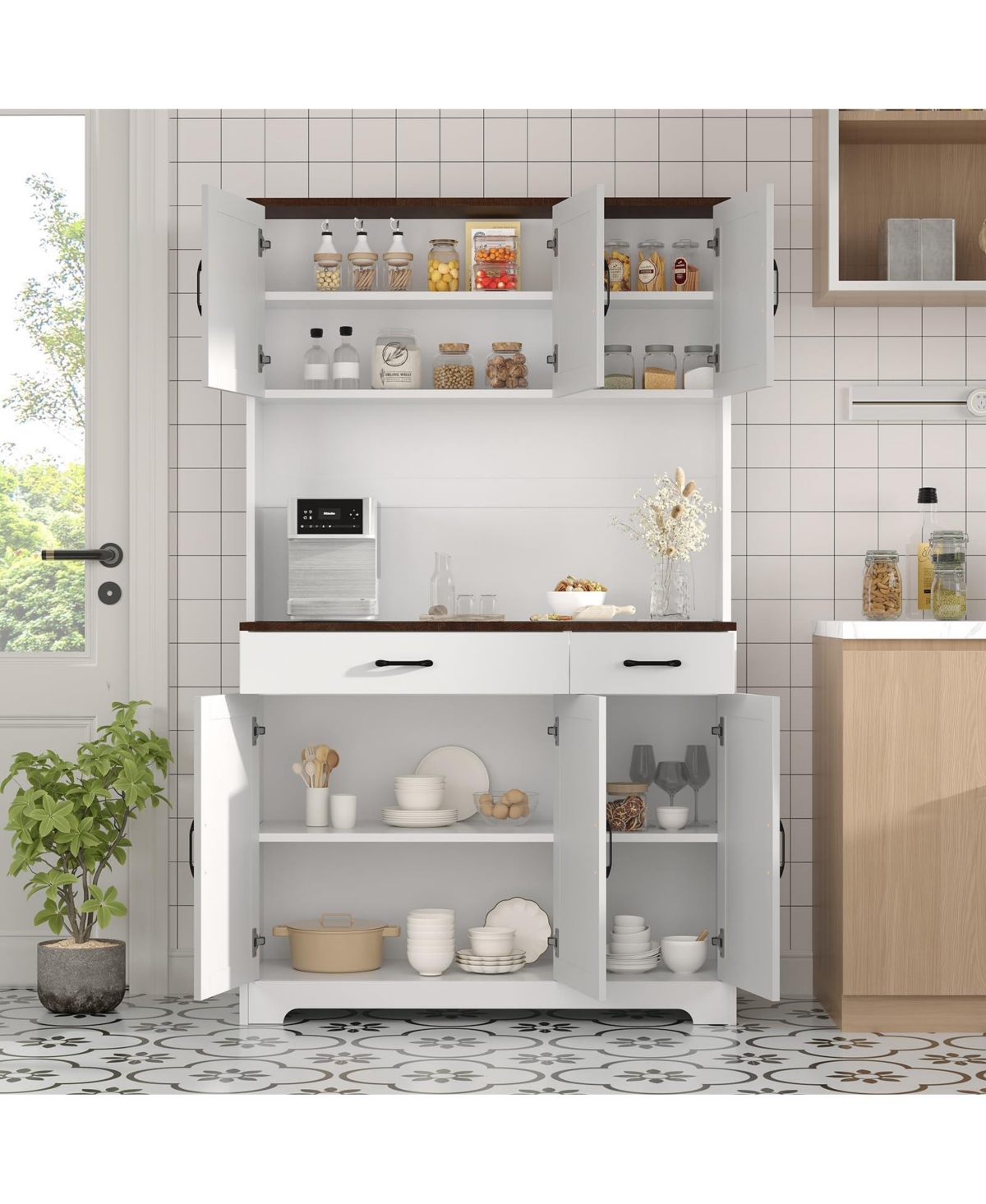 homfan 71-Inch Tall Pantry Cabinet with Built-In Charging Station, Microwave Stand and Drawers,Farmhouse Kitchen Hutch for Dining Room and Living Room