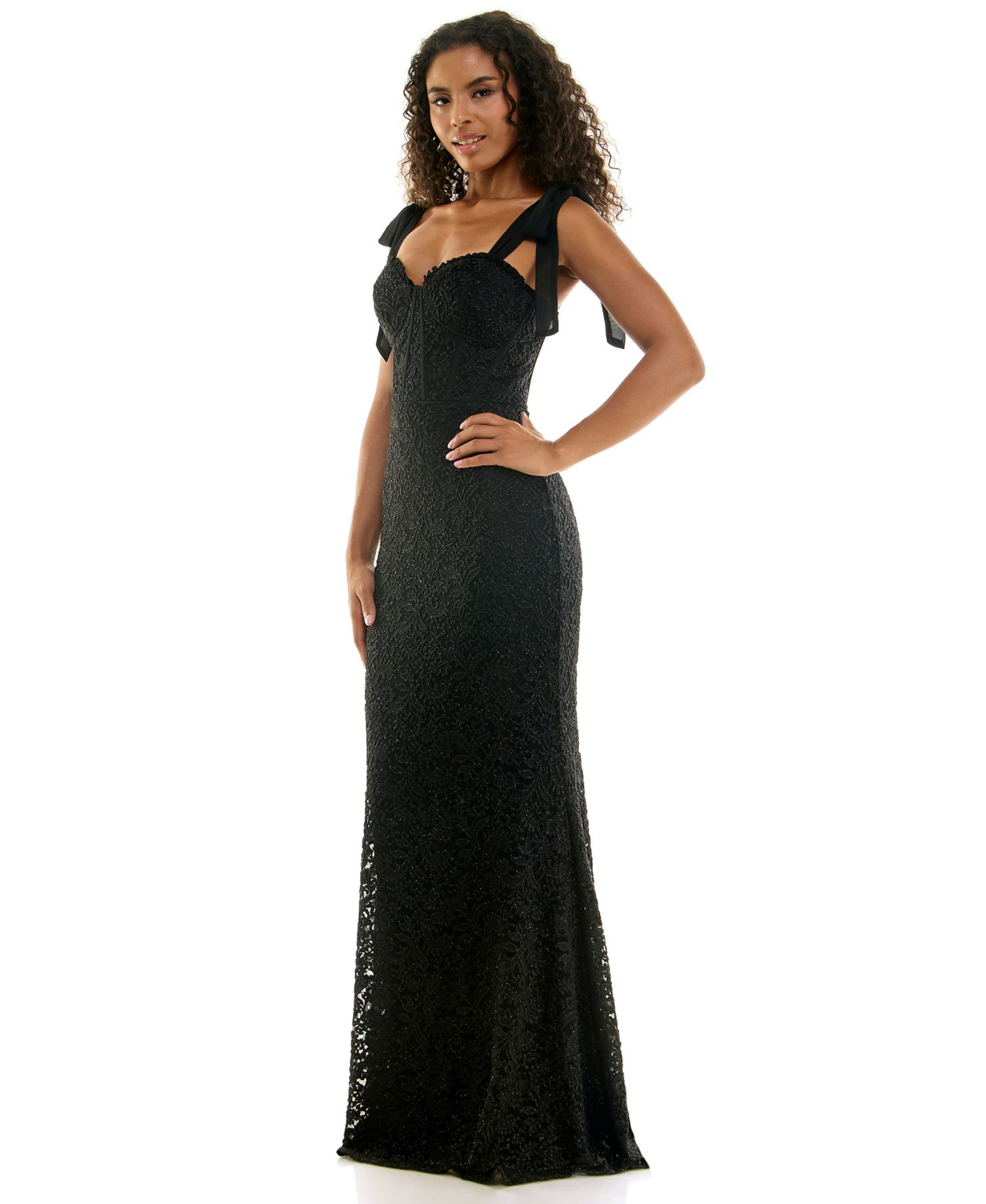 Juniors' Glitter-Lace Tie-Shoulder Sweetheart Gown