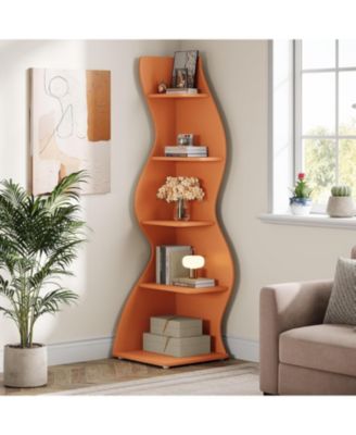 Wavy Corner Shelf Set of 2: 5-tier Curvy Bookshelf. Unique Plant Stand Display Shelf for Living Room, Small Space