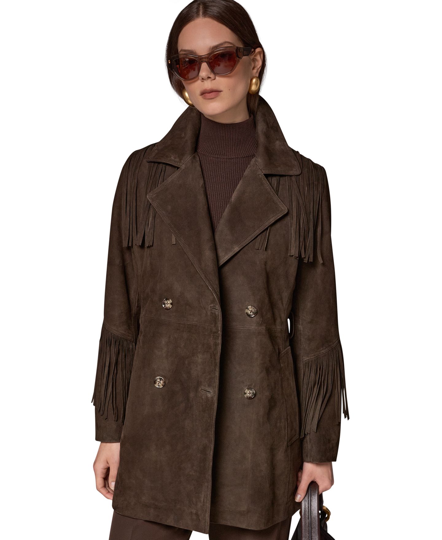 Женское пальто Donna Karan New York Suede Trench with Fringe, цвет: Шоколадный — фото 1