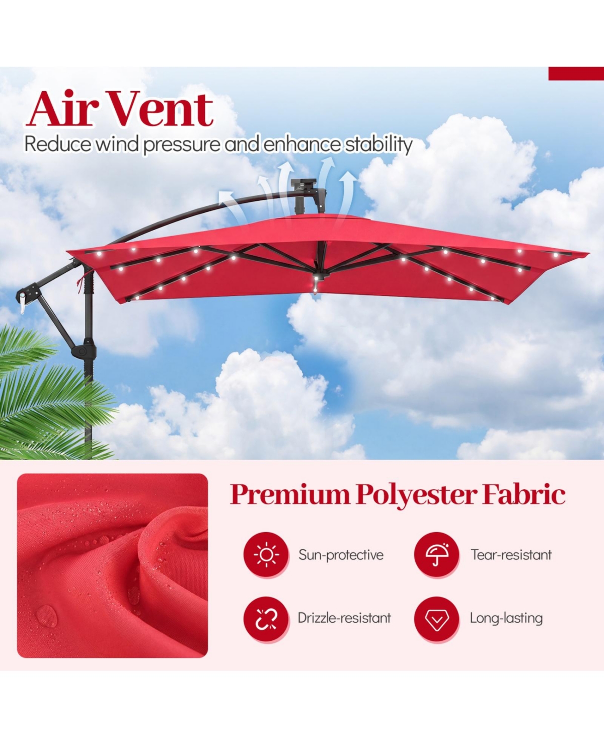 Sugift 8 x 8 feet Solar Led Square Offset Cantilever Outdoor Umbrella with 360 Swivel