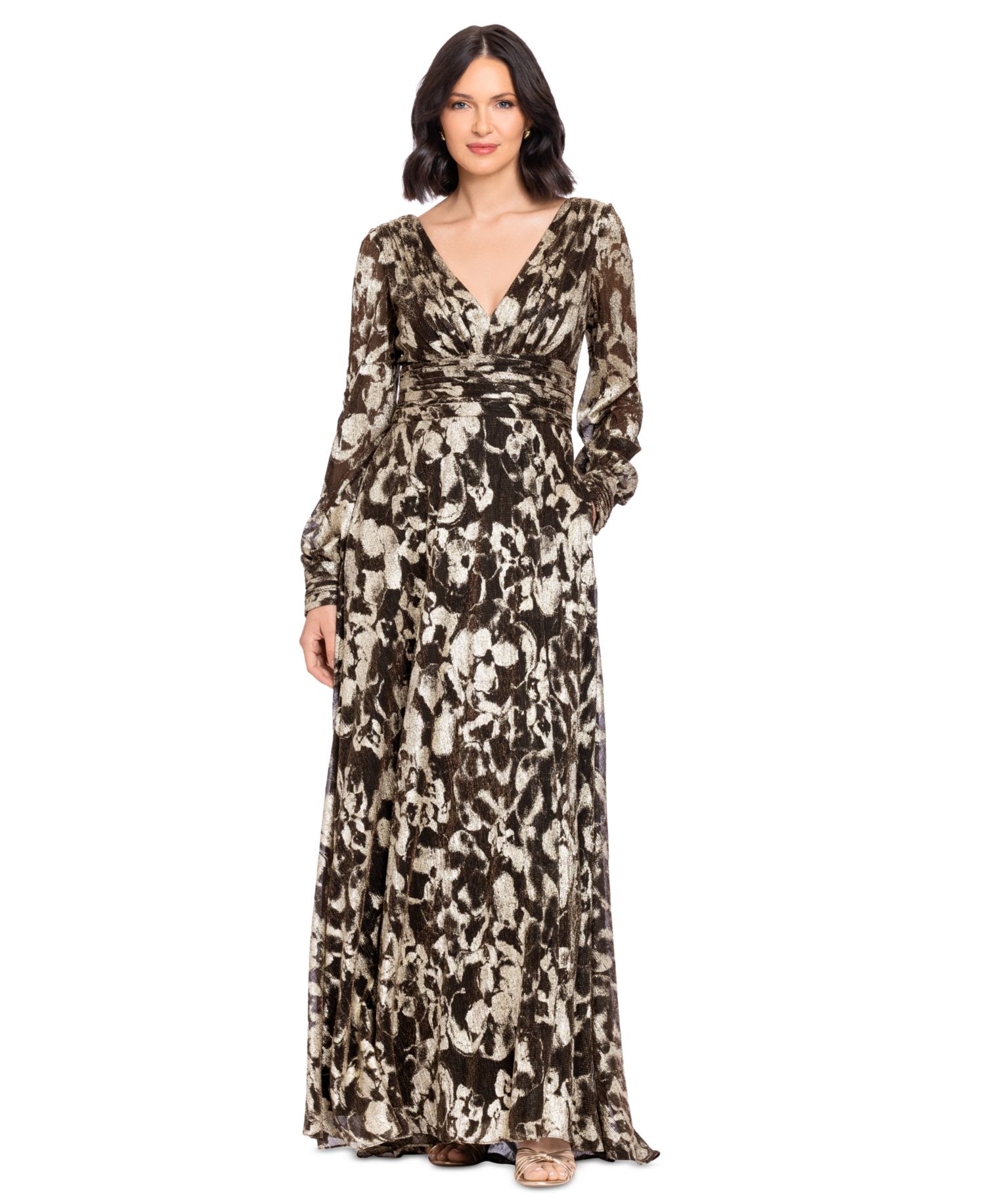 Women's Metallic V-Neck Ruched-Waist Gown