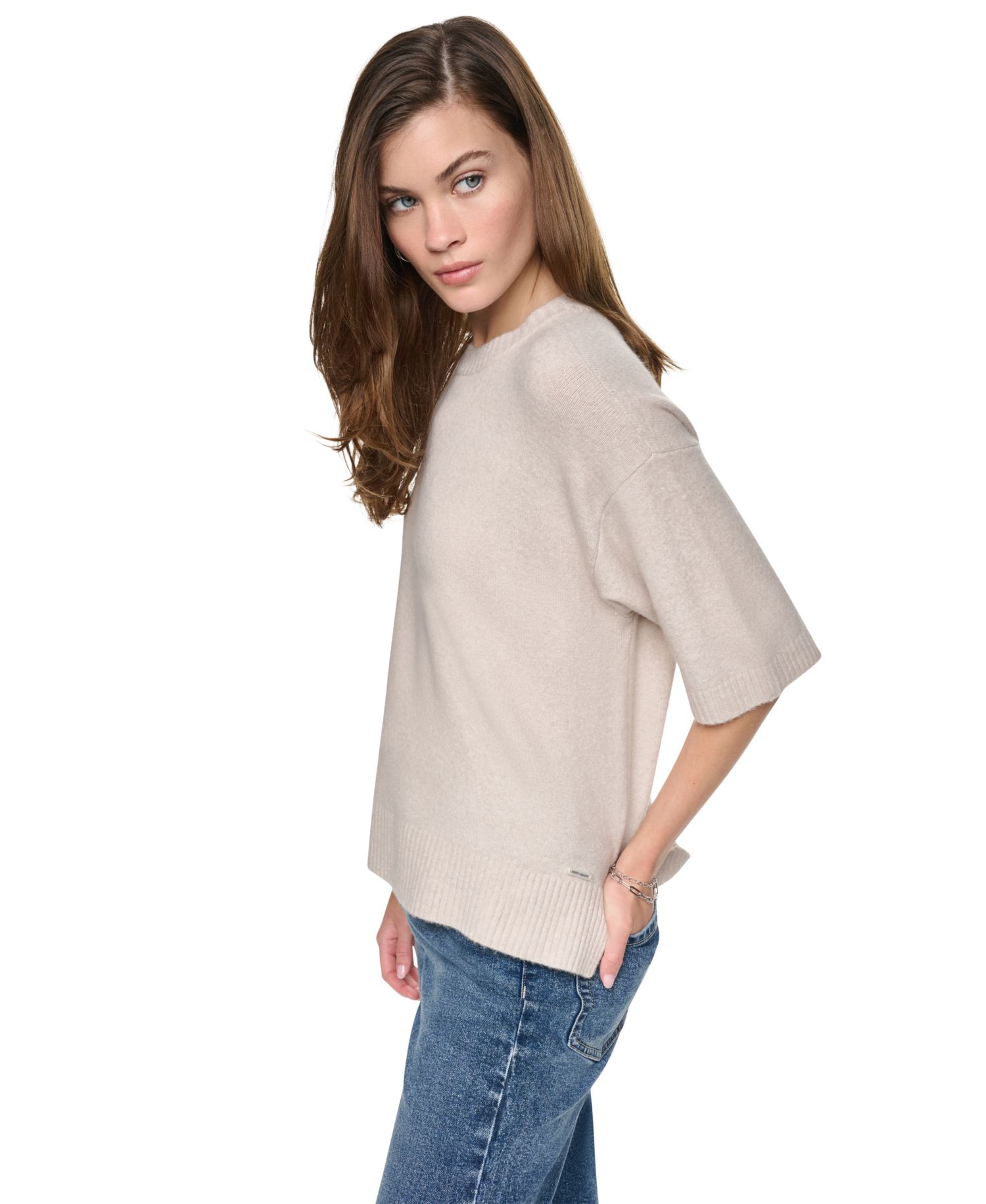 Women's Rugby Boxy Side Slits Short-Sleeve Crewneck Sweater