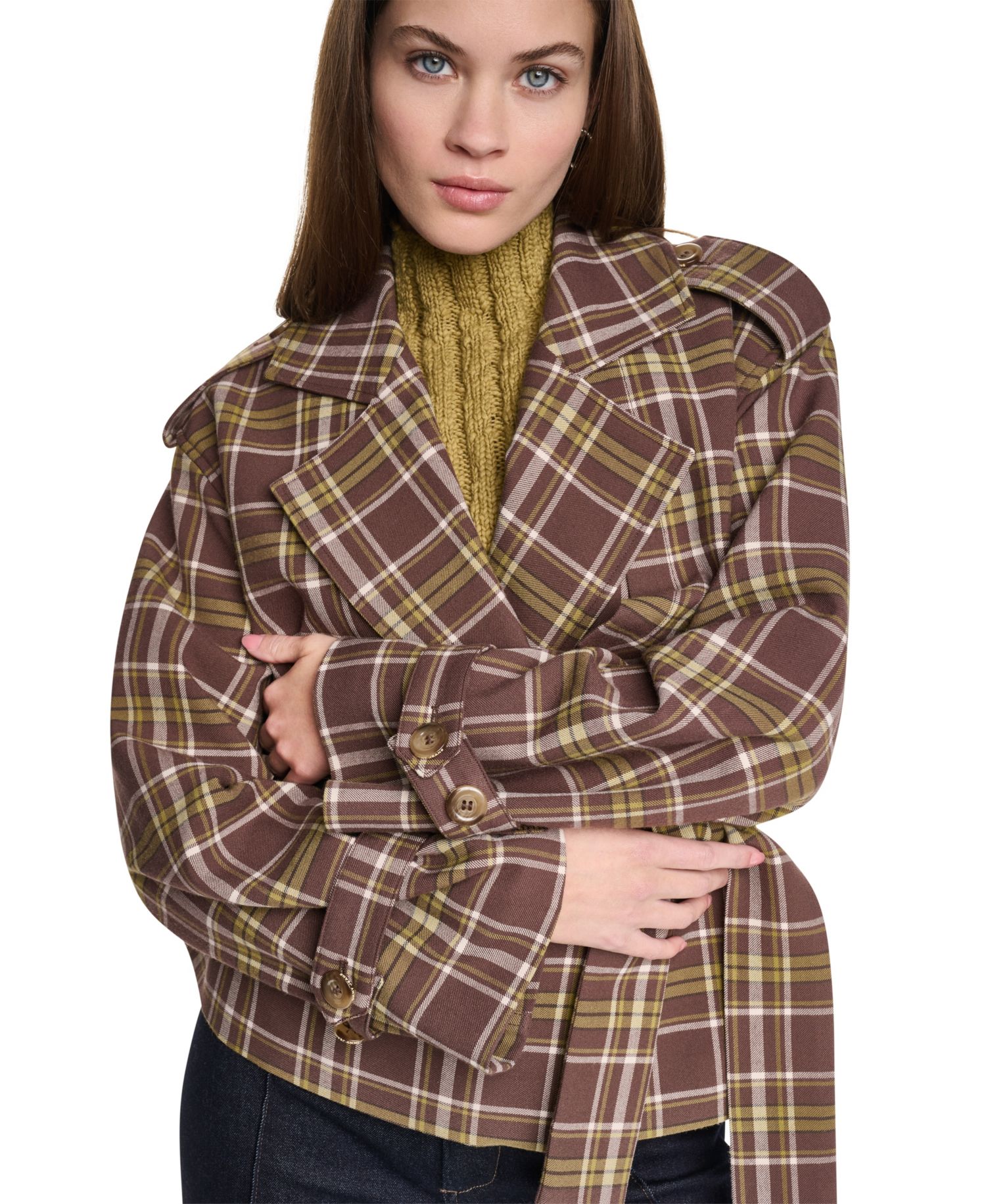 Women's Plaid Double-Breasted Short Trench Jacket