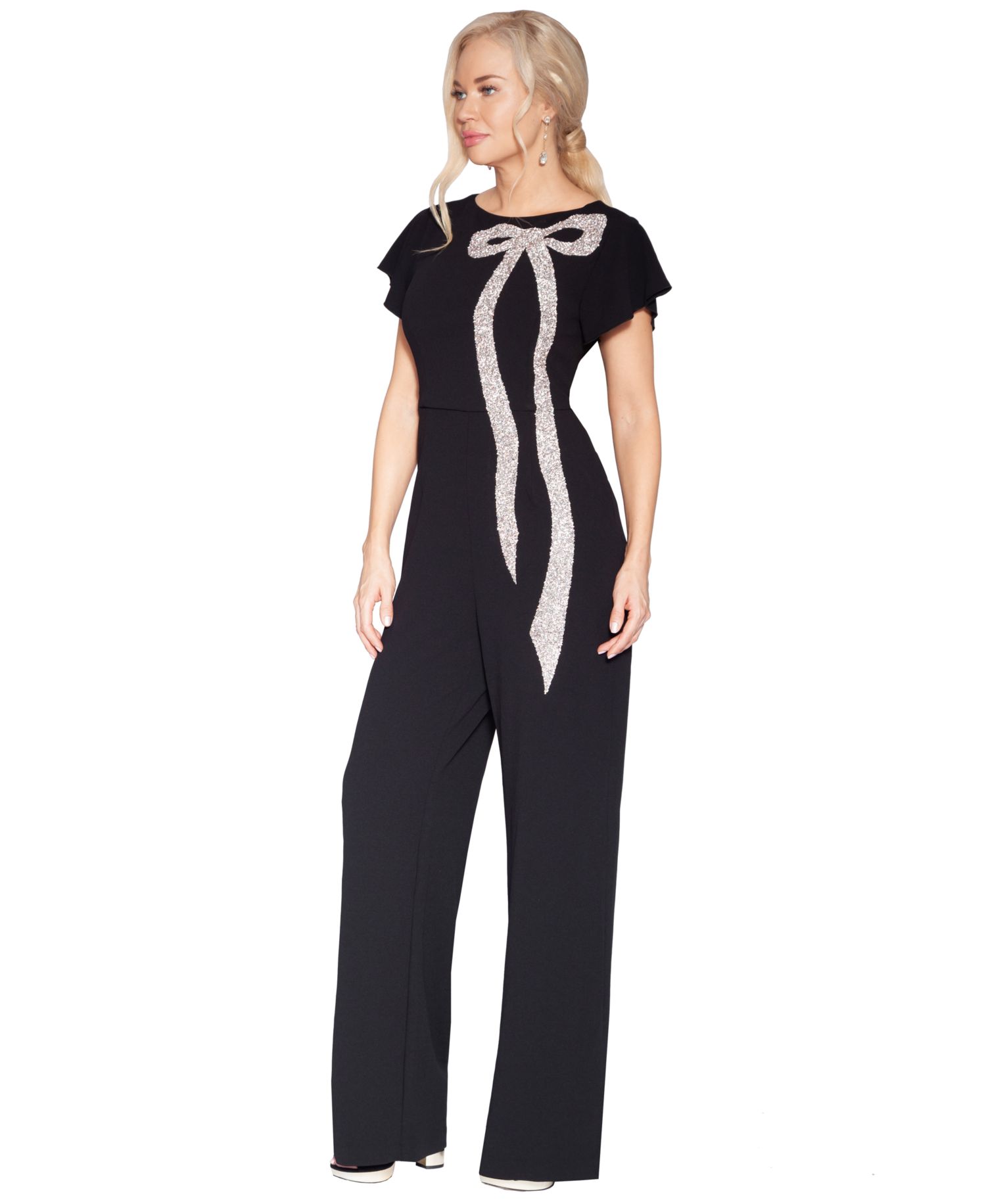 Women's Flutter-Sleeve Dramatic Crystal Bow Detail Jumpsuit