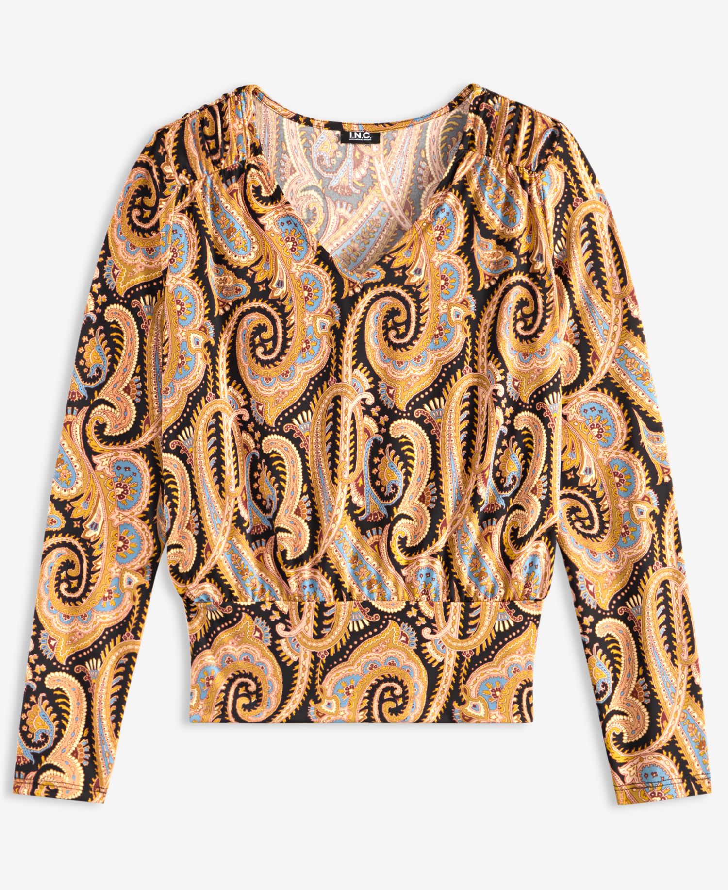 Petite Long-Sleeve V-Neck Paisley Blouse