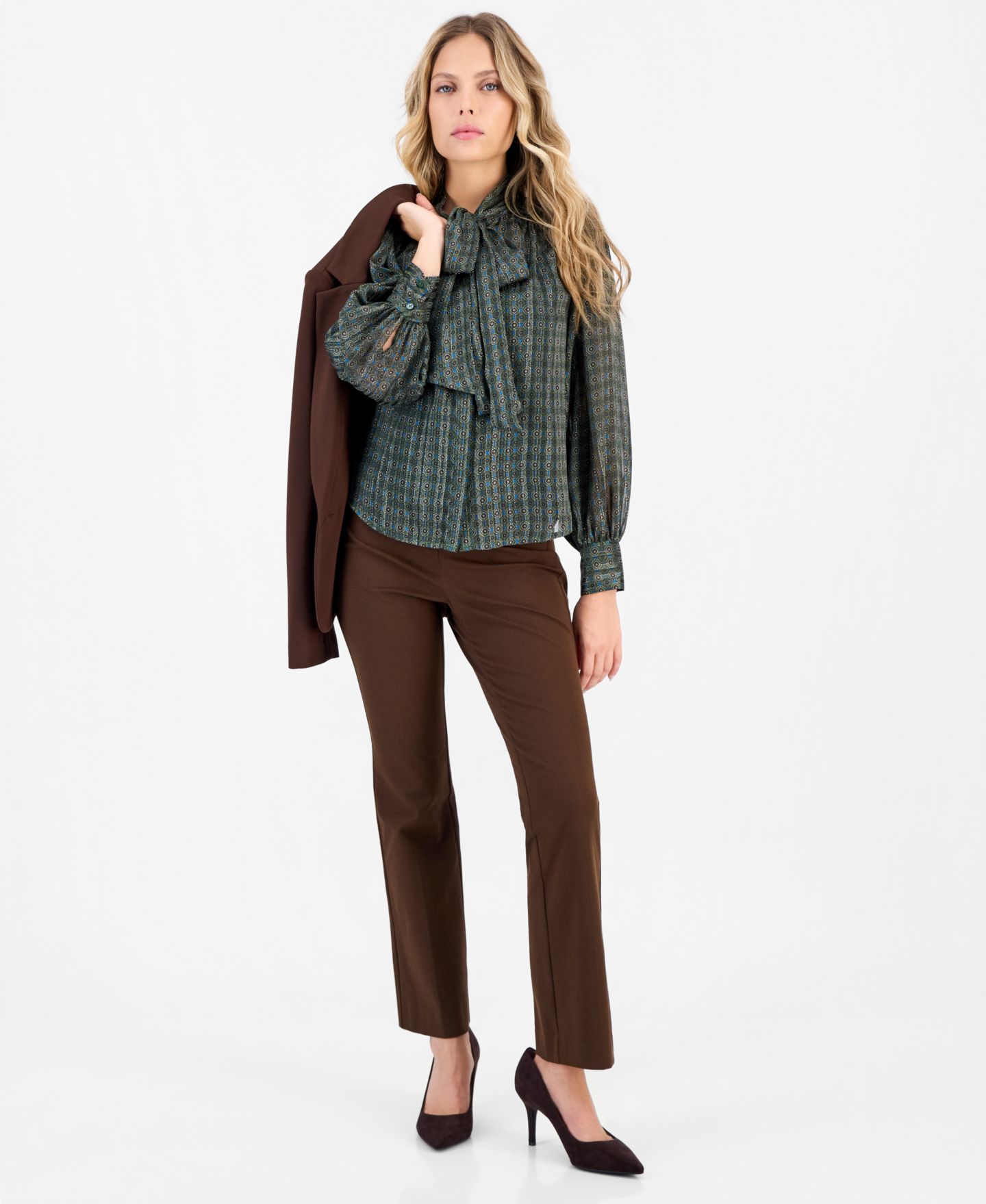 Женская блузка I.N.C. International Concepts Petite Long-Sleeve Woven Geometric-Print, цвет: Зелёный — фото 3