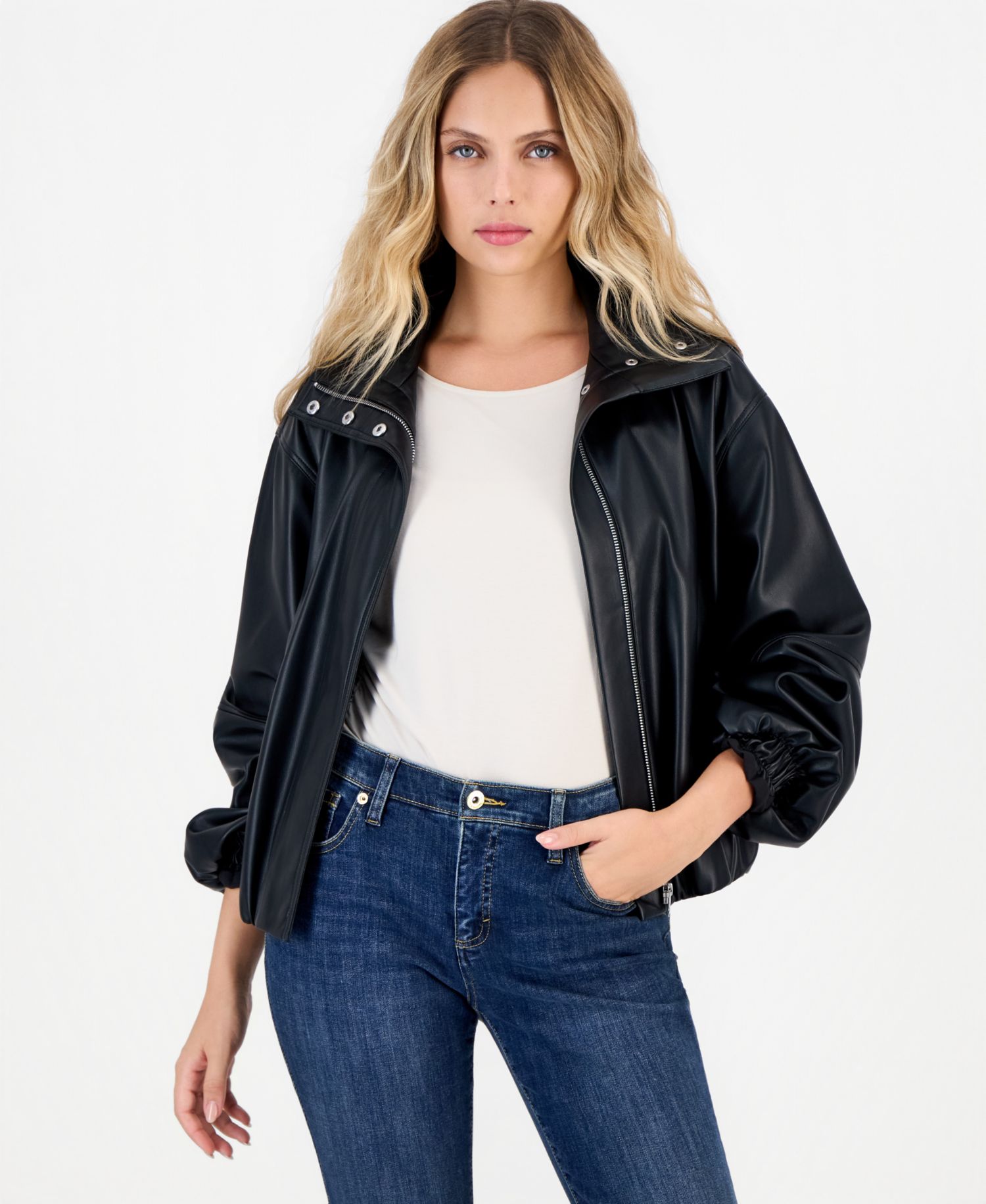 Petite Faux Leather Funnel-Neck Bomber Jacket