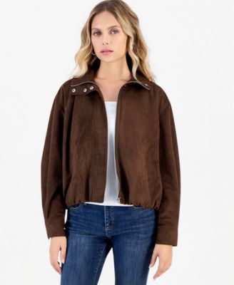 Petite Faux Suede Funnel-Neck Bomber Jacket