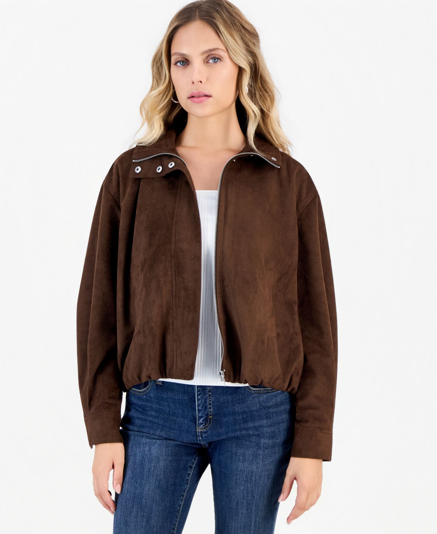 Женская куртка I.N.C. International Concepts Petite Faux Suede Funnel-Neck Bomber, цвет: Кофейный — фото 1
