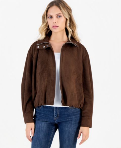 Женская куртка I.N.C. International Concepts Petite Faux Suede Funnel-Neck Bomber, цвет: Кофейный