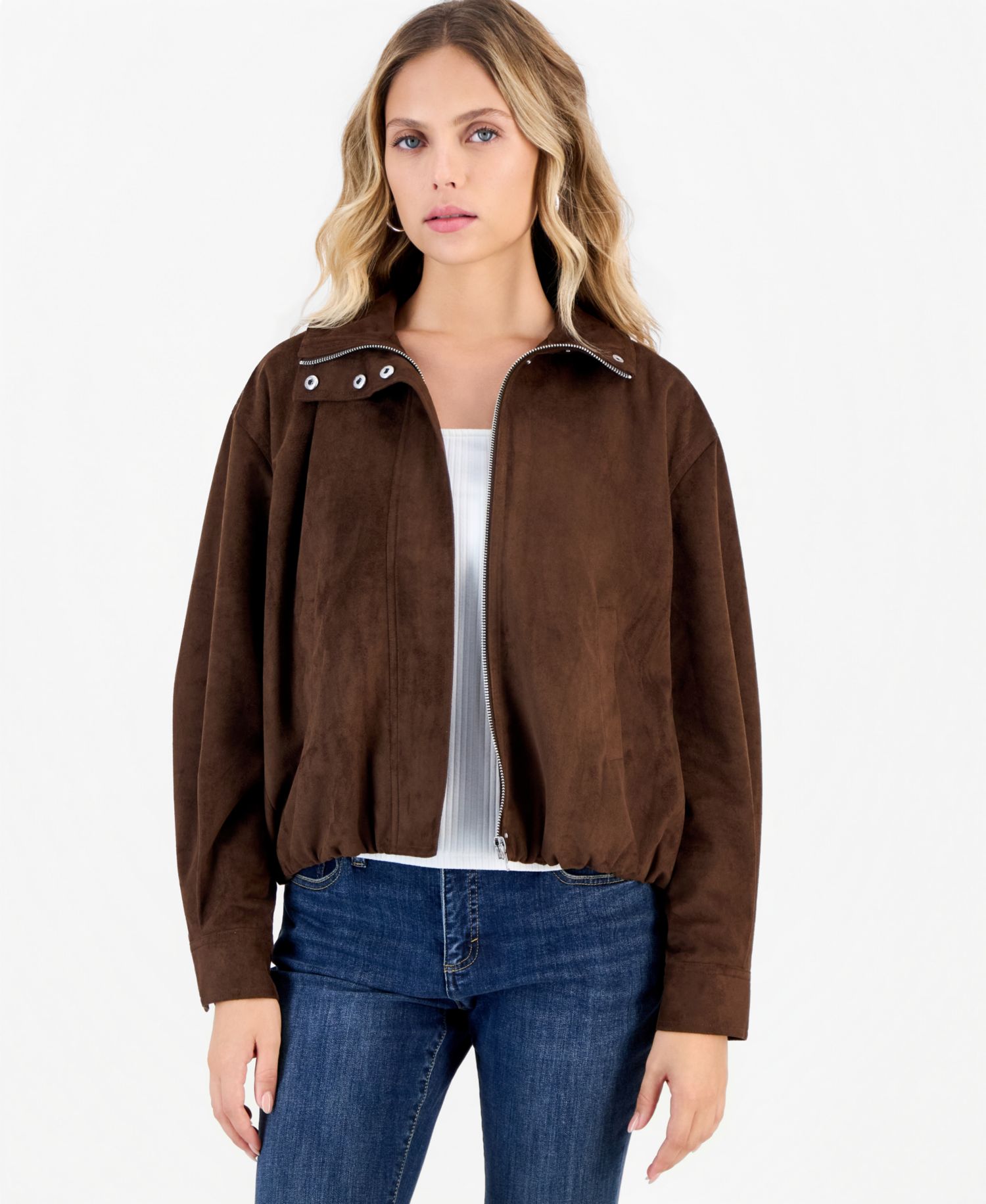 Petite Faux Suede Funnel-Neck Bomber Jacket