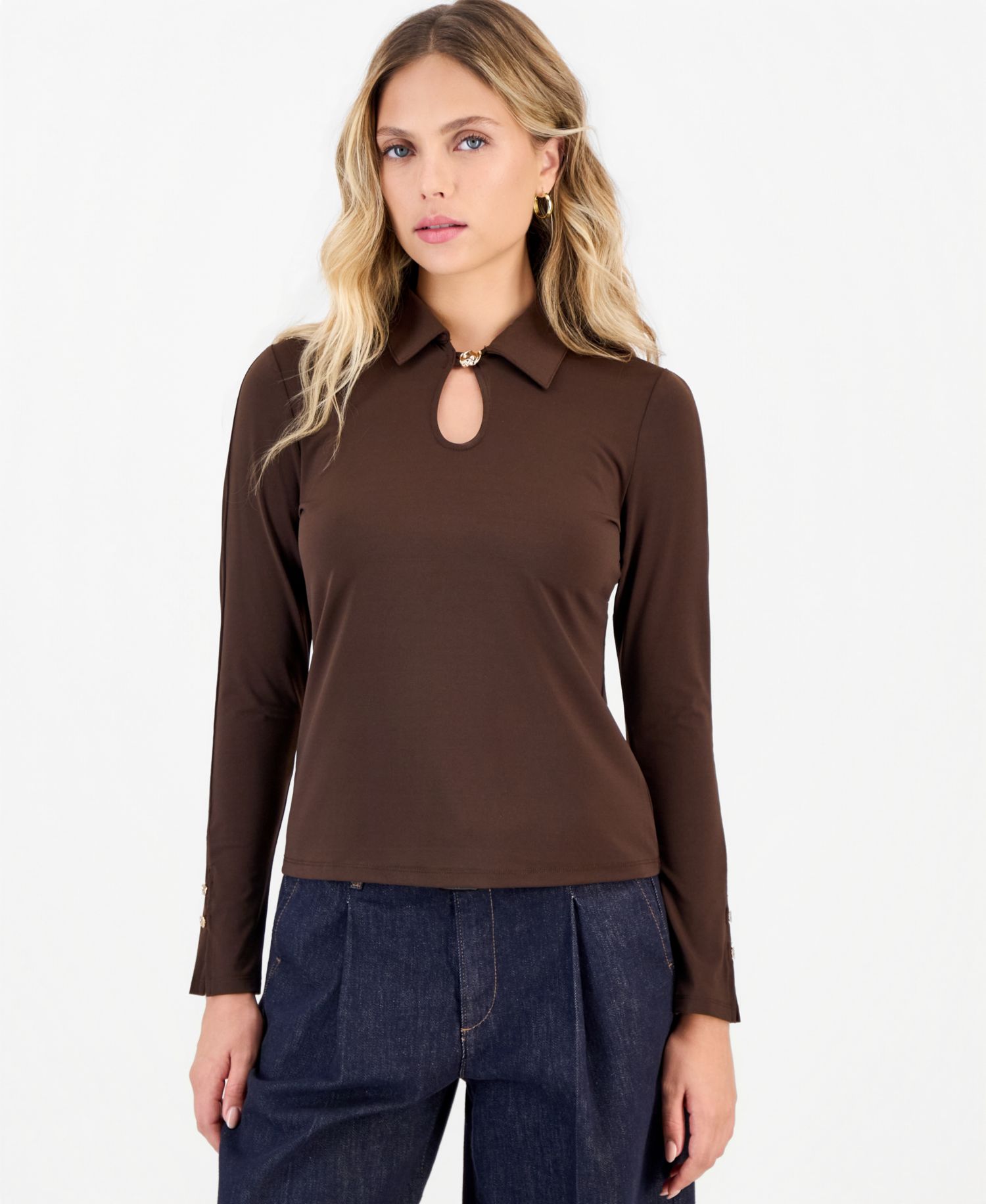 Petite Long-Sleeve Point-Collar Keyhole Neckline Blouse