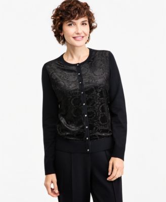 Women's Party Floral-Print Burnout Velvet Cardigan