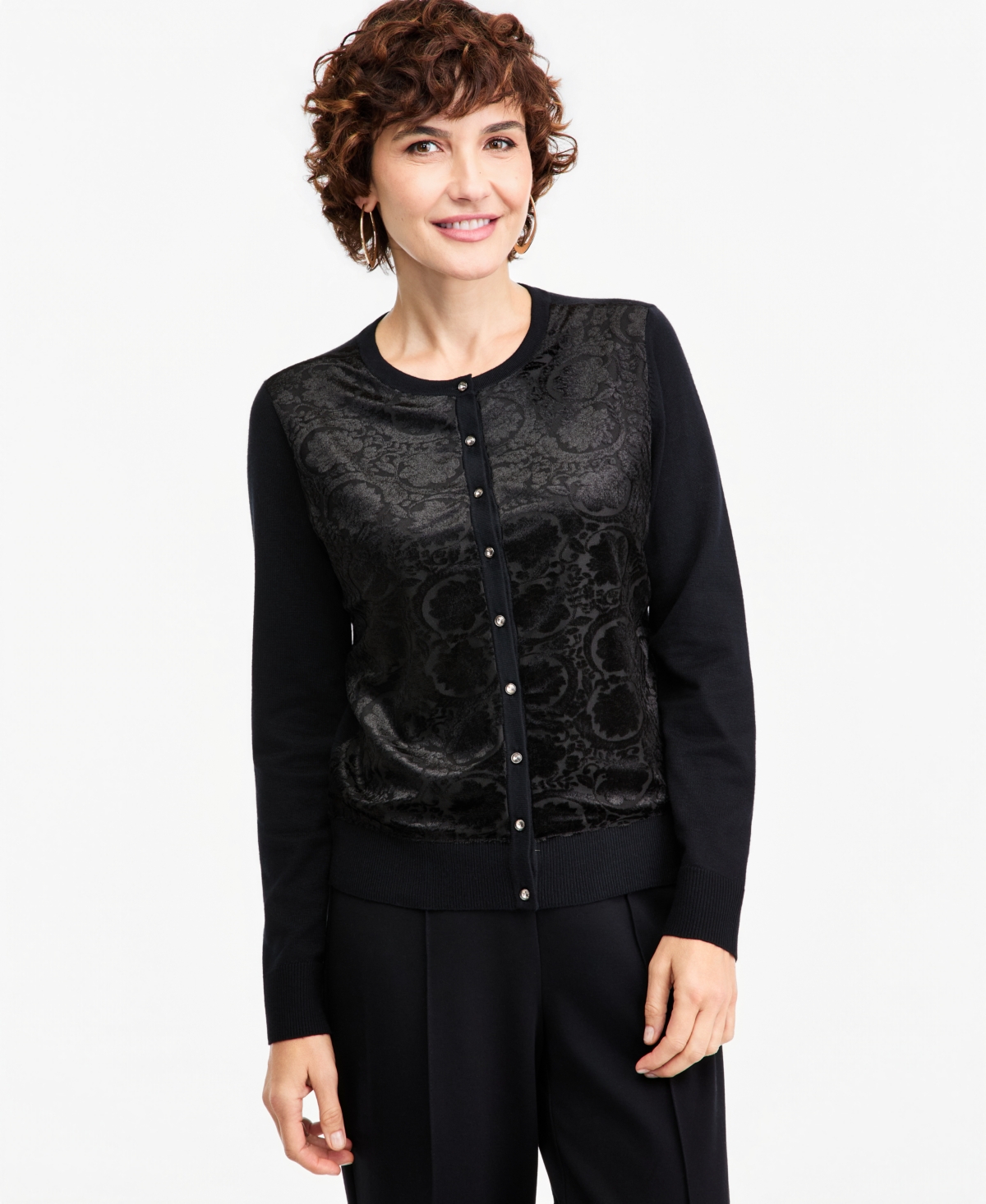 Jm Collection Women's Party Floral-Print Burnout Velvet Cardigan, Macy's Exclusive - Deep Black