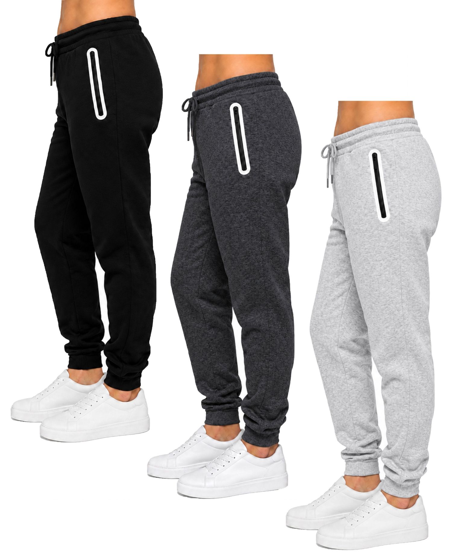 Women's Loose-Fit Fleece-Lined Jogger With Heat Seal Zipper Side Pockets-3 Pack