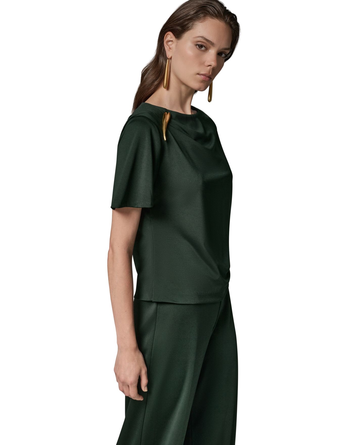 Женский топ Donna Karan New York Ruched Side Short-Sleeve Top, цвет: Чёрный тёмно-зелёный — фото 4
