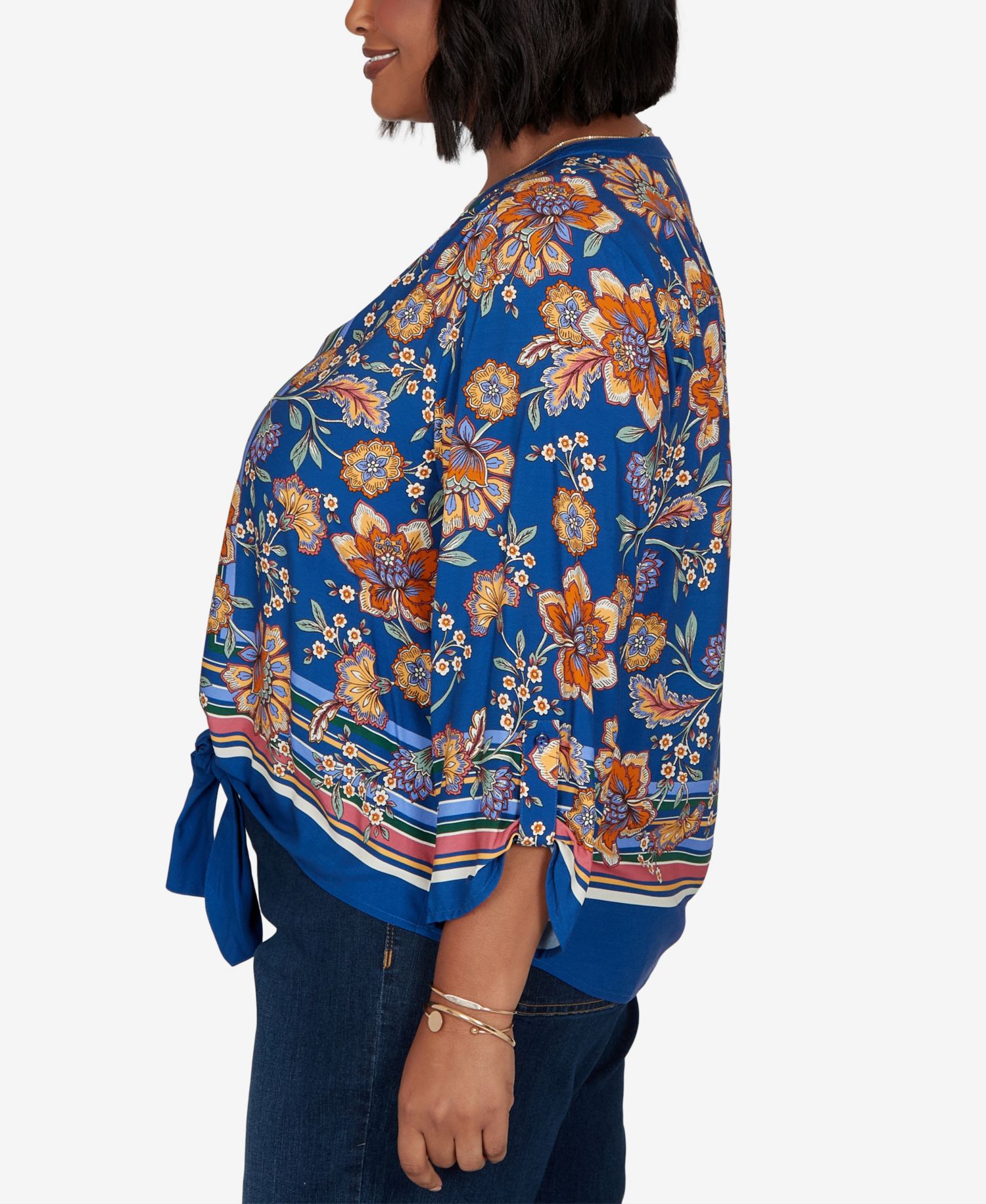 Plus Size Floral Vines Tied Button-Front Blouse