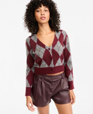 Women's Argyle Cropped V-Neck Cardigan