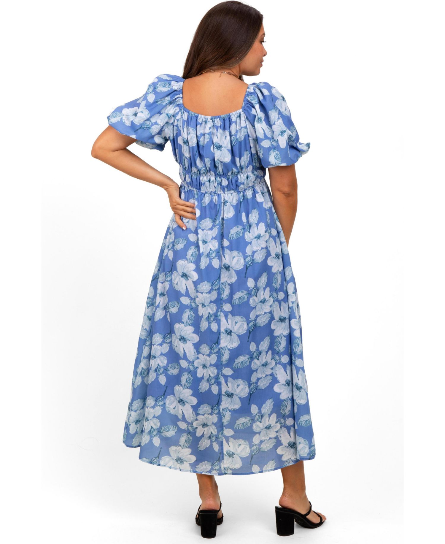 Women's Blue Multi Printed Floral Square Neck Midi Dress