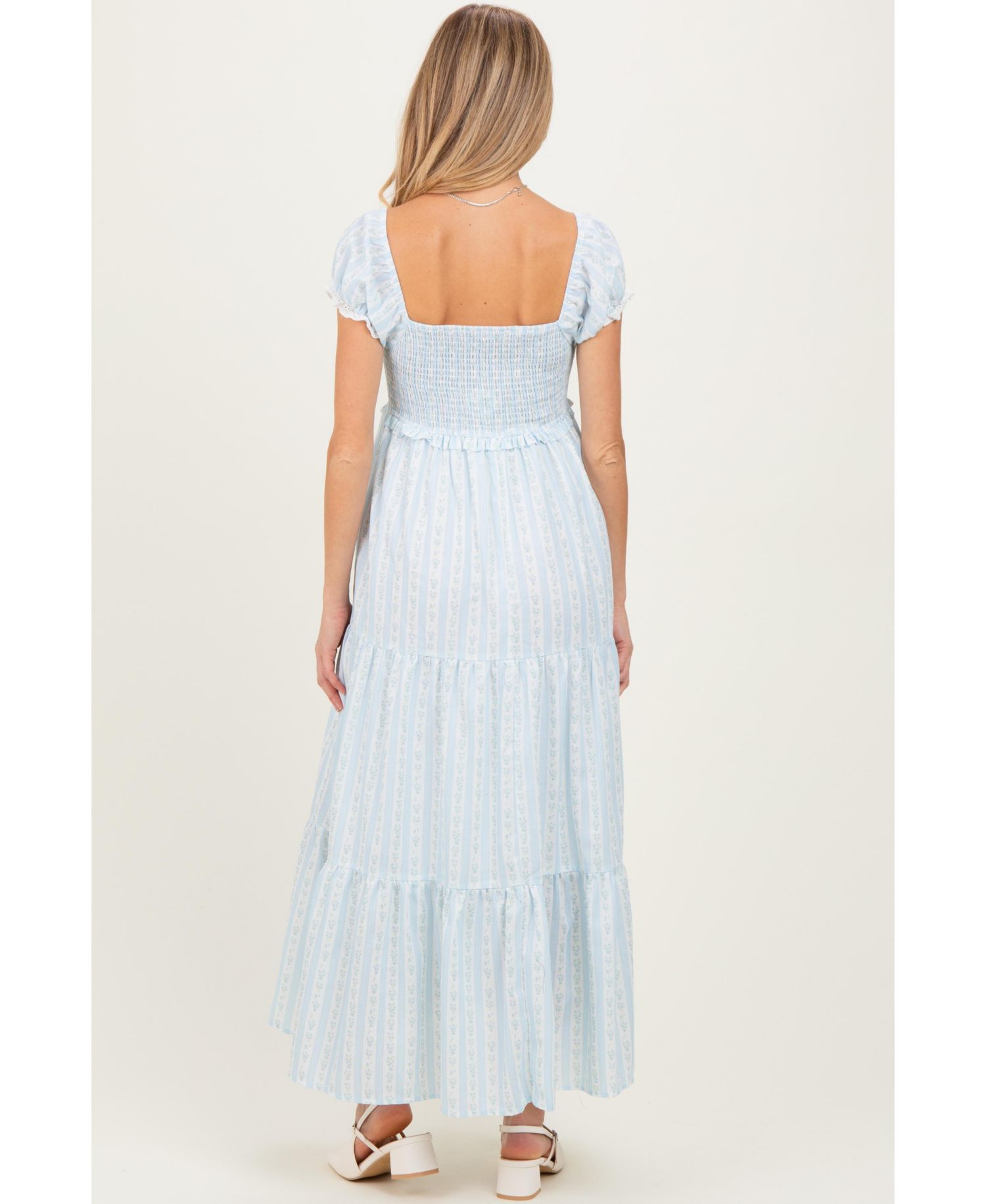 Women's Light Blue Floral Lace Trim Tiered Maxi Dress