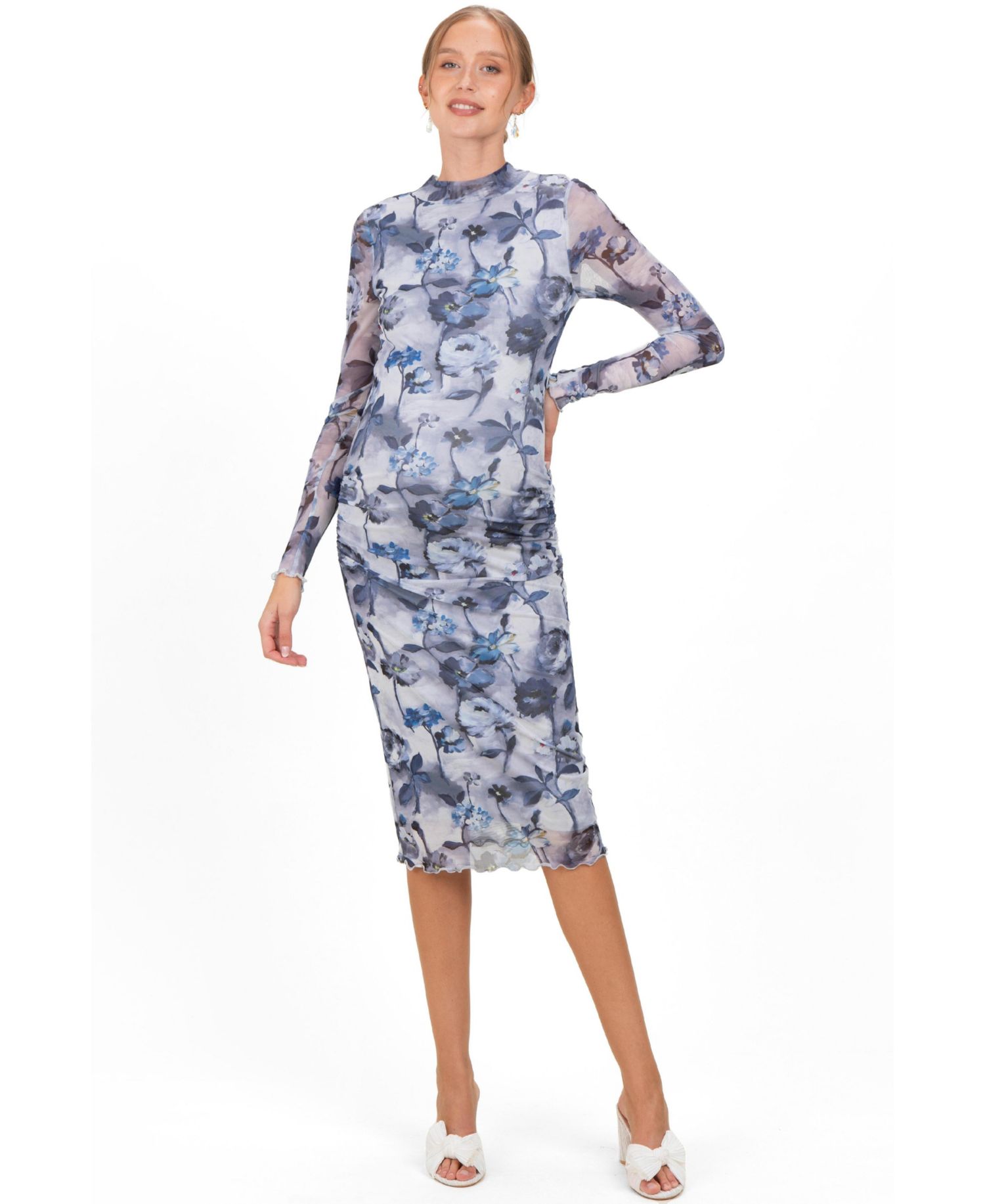 Women's Blue Floral Mesh Long Sleeve Midi Dress