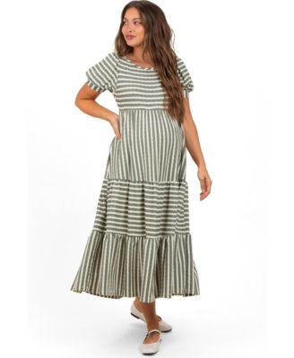 Women's Dusty Olive/ Cream Striped Short Sleeve Tiered Maxi Dress
