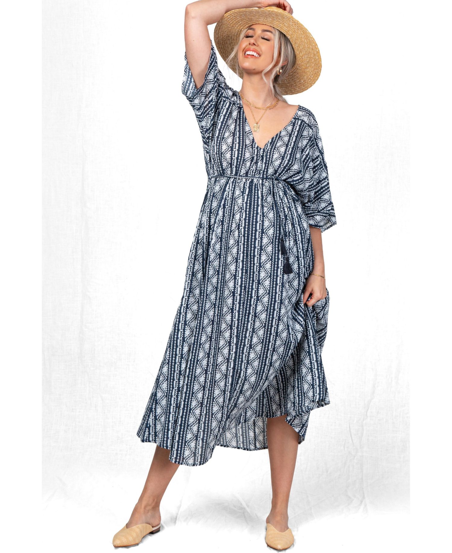 Women's Navy Printed V-Neck Midi Dress
