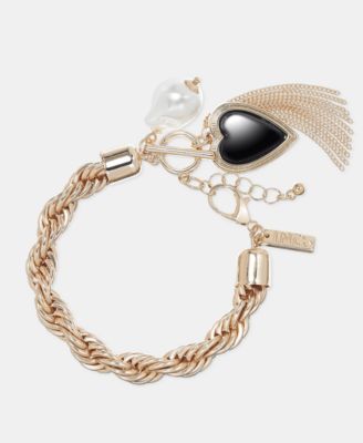 Heart, Imitation Pearl & Chain Tassel Flex Bracelet
