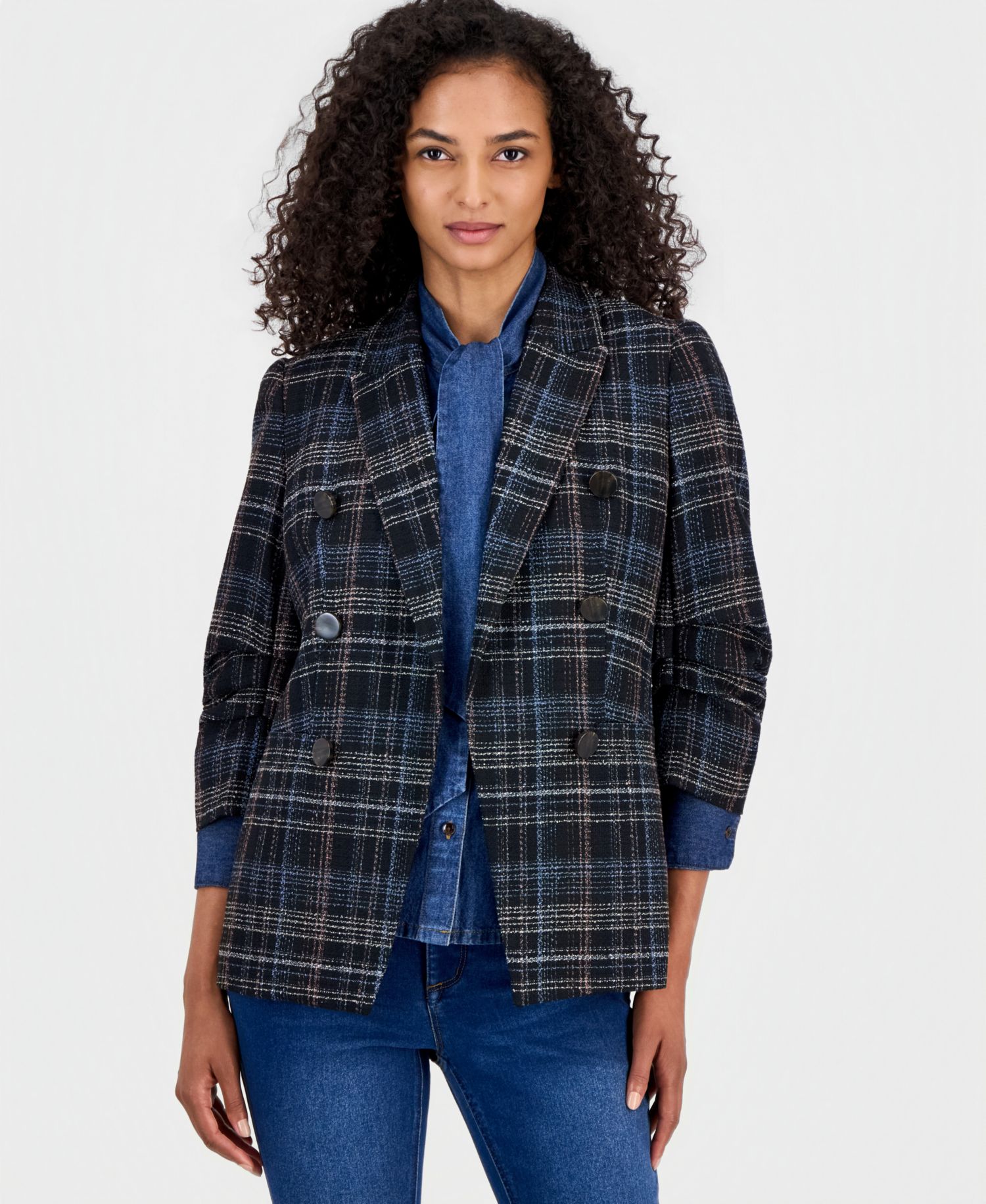 Women's Plaid Blazer, Cotton Tie-Neck Button-Front Top & Leo High-Rise Bootcut Jeans