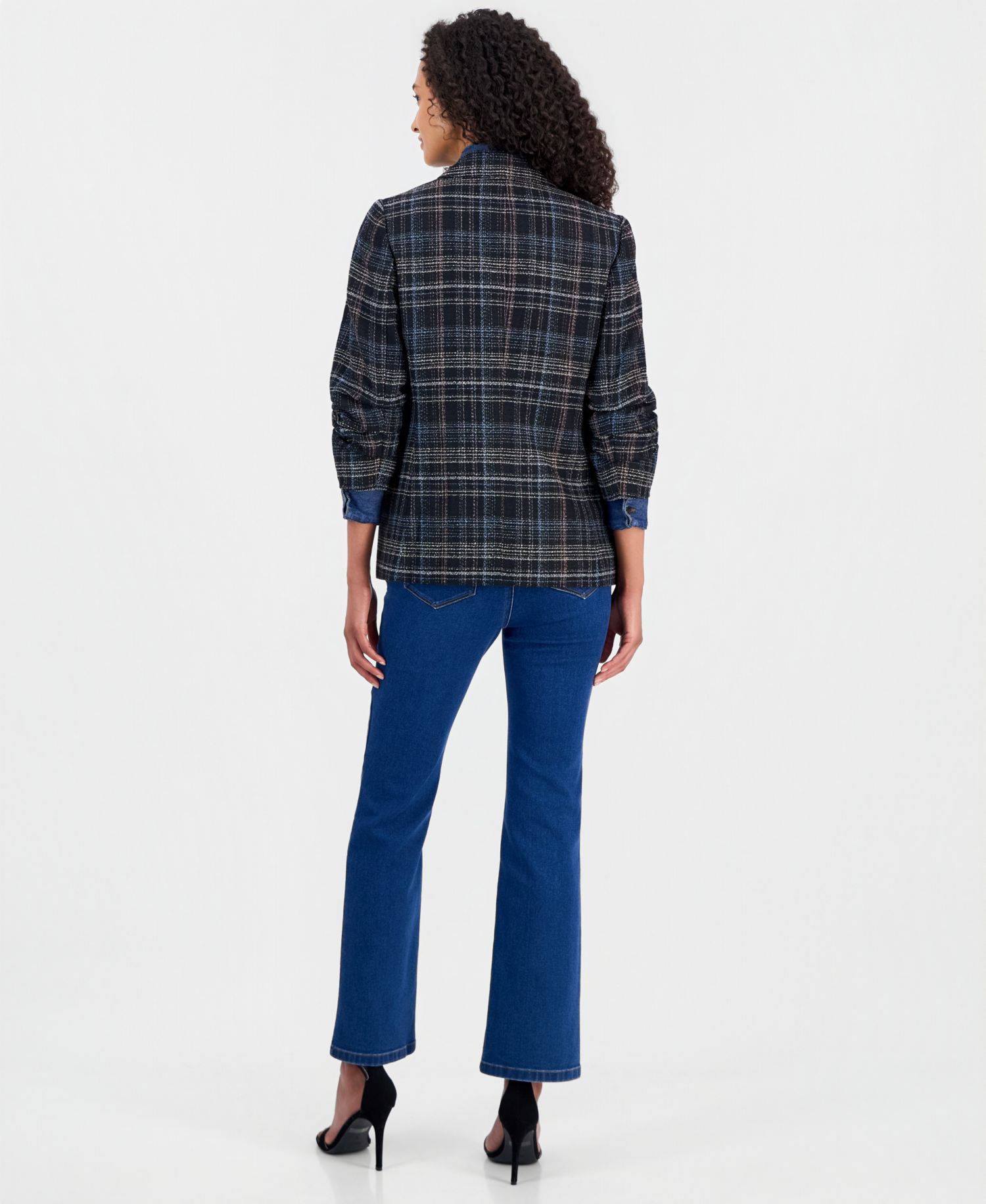 Women's Plaid Blazer, Cotton Tie-Neck Button-Front Top & Leo High-Rise Bootcut Jeans