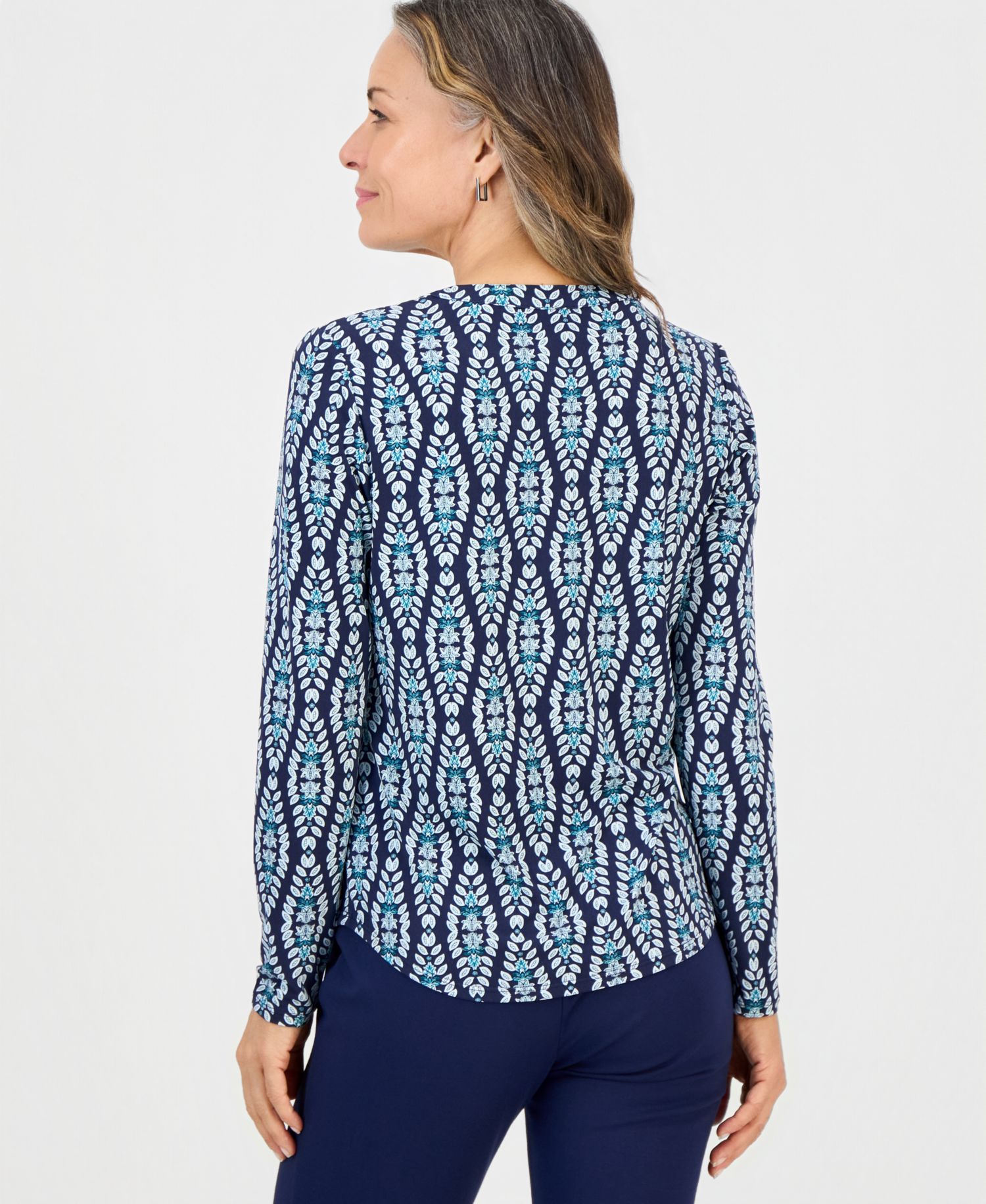 Women's Printed V-Neck Zipper-Pocket Knit