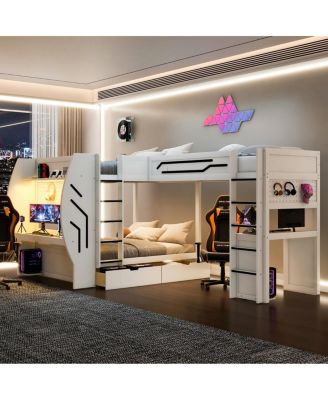 L-Shaped 3-in-1 Gaming Bunk Bed with Desks, Charging Station and Storage