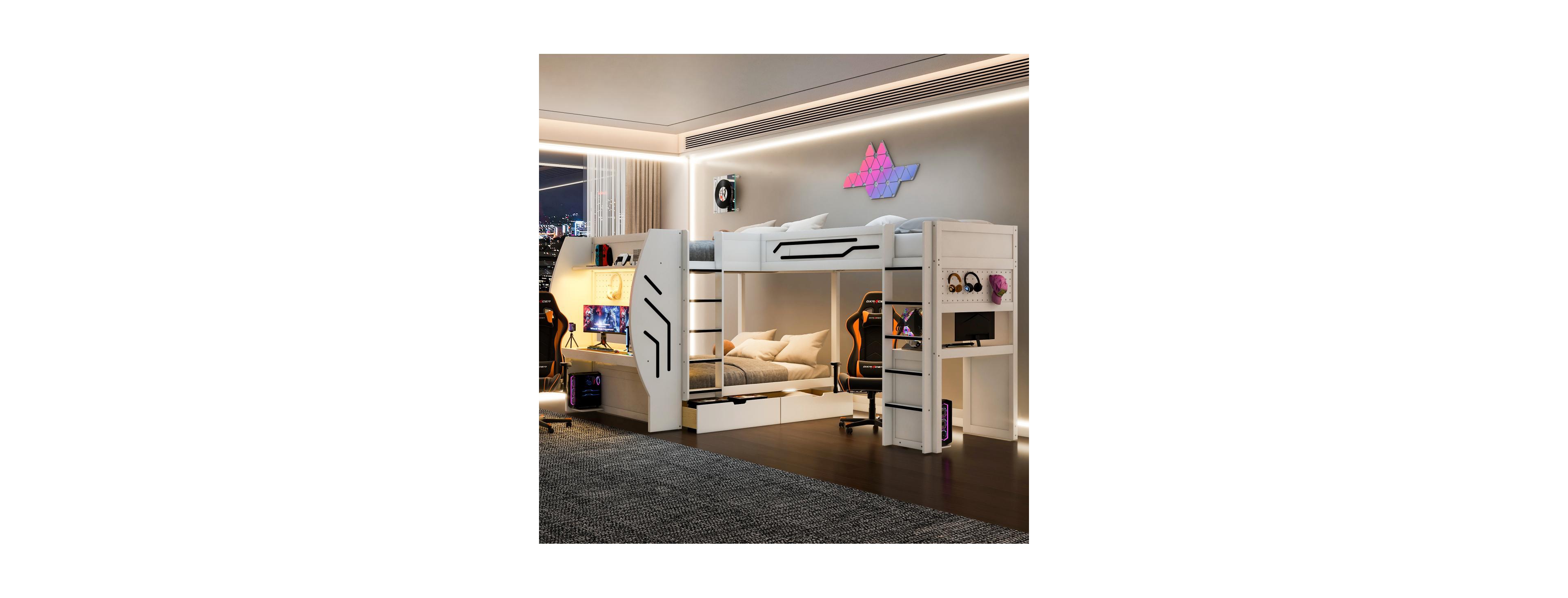 Streamdale Furniture L-Shaped 3-in-1 Gaming Bunk Bed with Desks, Charging Station and Storage
