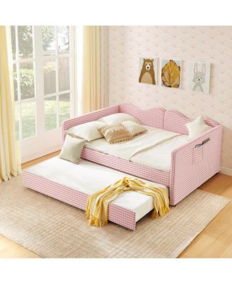 Gingham Upholstered Full-Size Daybed with Trundle and Side Storage