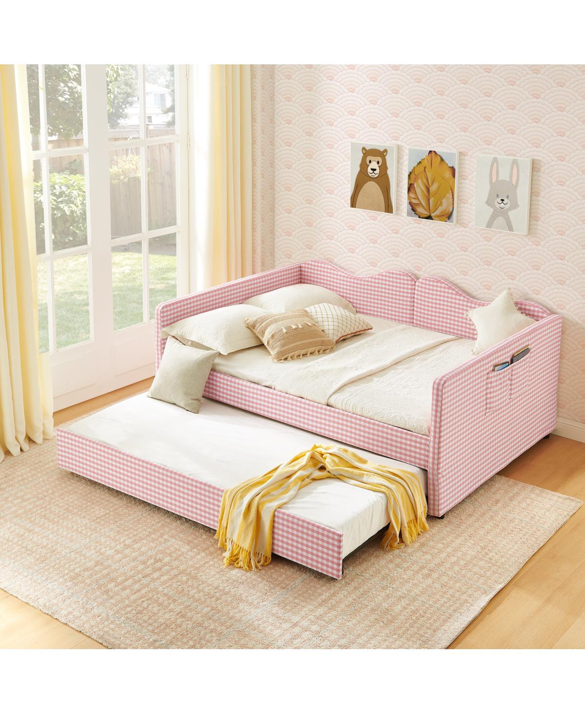 Streamdale Furniture Gingham Upholstered Full-Size Daybed with Trundle and Side Storage