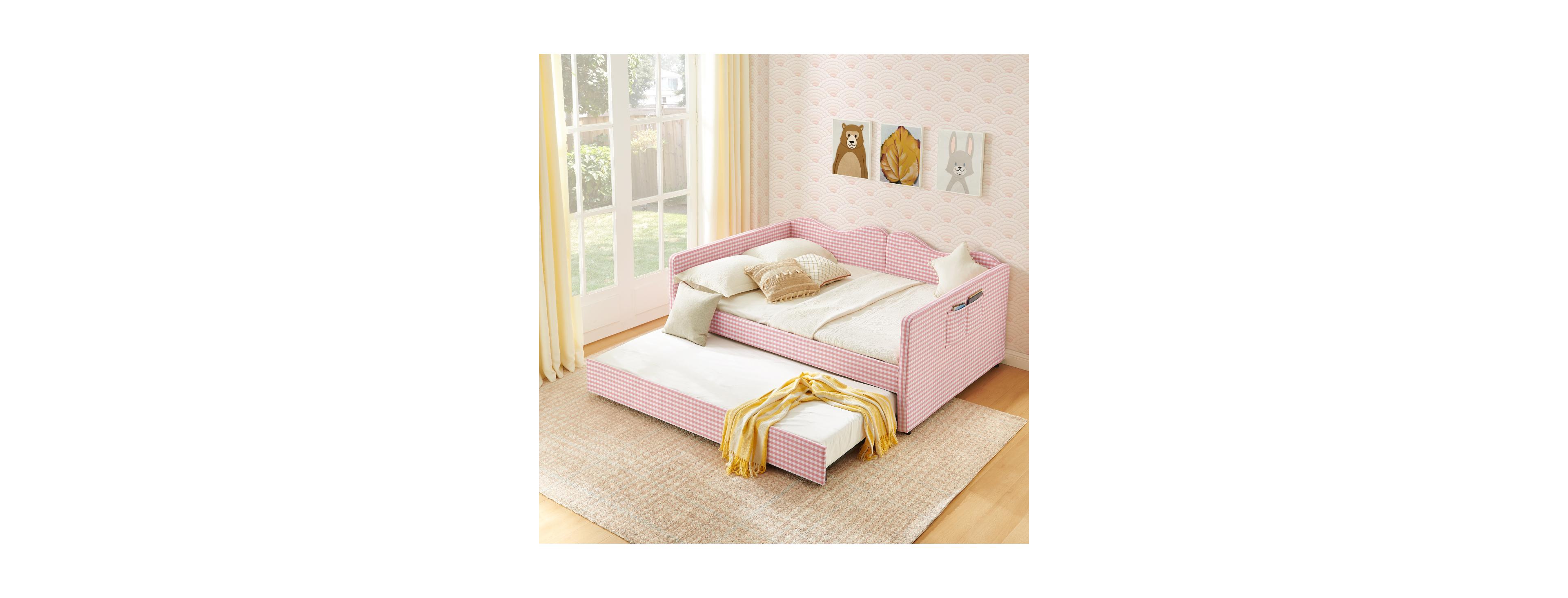 Streamdale Furniture Gingham Upholstered Full-Size Daybed with Trundle and Side Storage
