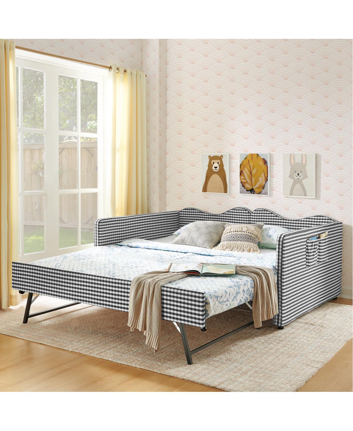 Streamdale Furniture Gingham Upholstered Full-Size Daybed with Trundle and Side Storage Pocket