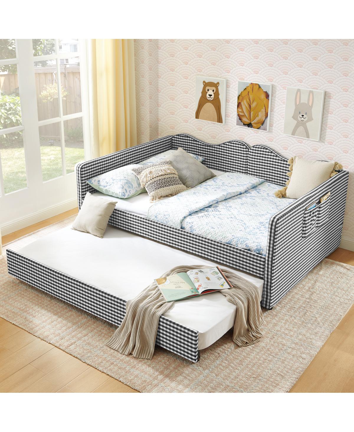 Streamdale Furniture Gingham Upholstered Full-Size Daybed with Trundle and Side Storage Pocket