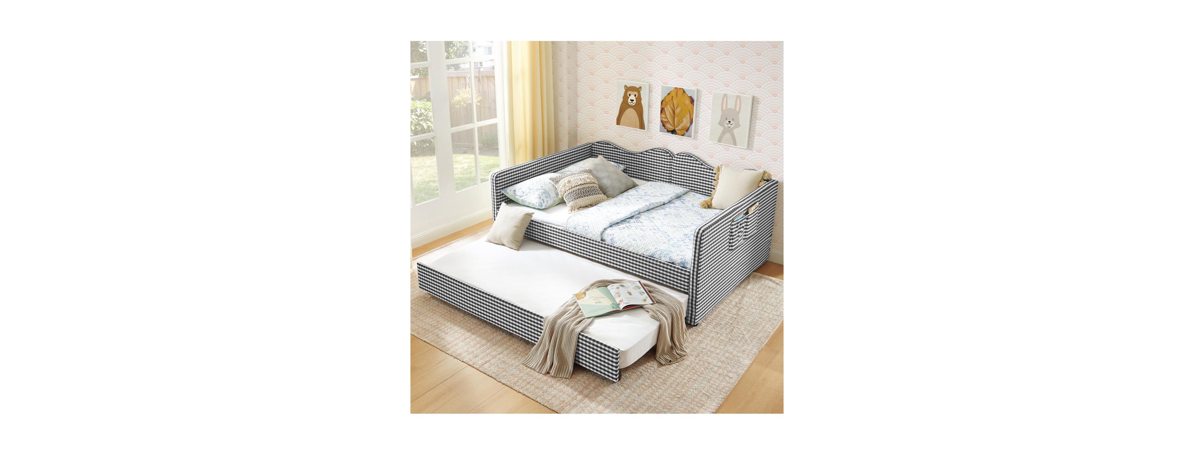 Streamdale Furniture Gingham Upholstered Full-Size Daybed with Trundle and Side Storage Pocket