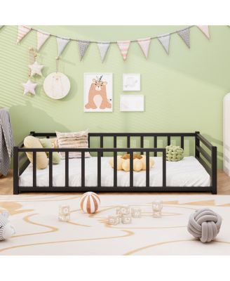 Twin Size Metal Floor Bed with Guardrails