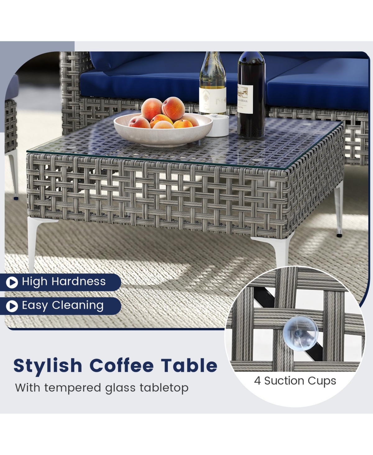 Sugift 5-Piece Pe Rattan Outdoor Sectional with Glass Coffee Table