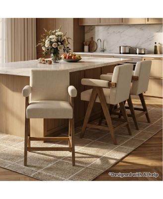 Set of 3 Mid-Century Modern Counter Height Bar Stool with Arms, Solid Wood Frame, Upholstered Full Back, Footrest