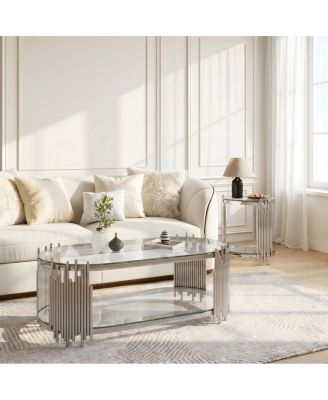 Modern Luxury 2-Piece Oval Glass Nesting Coffee and Side Table Set