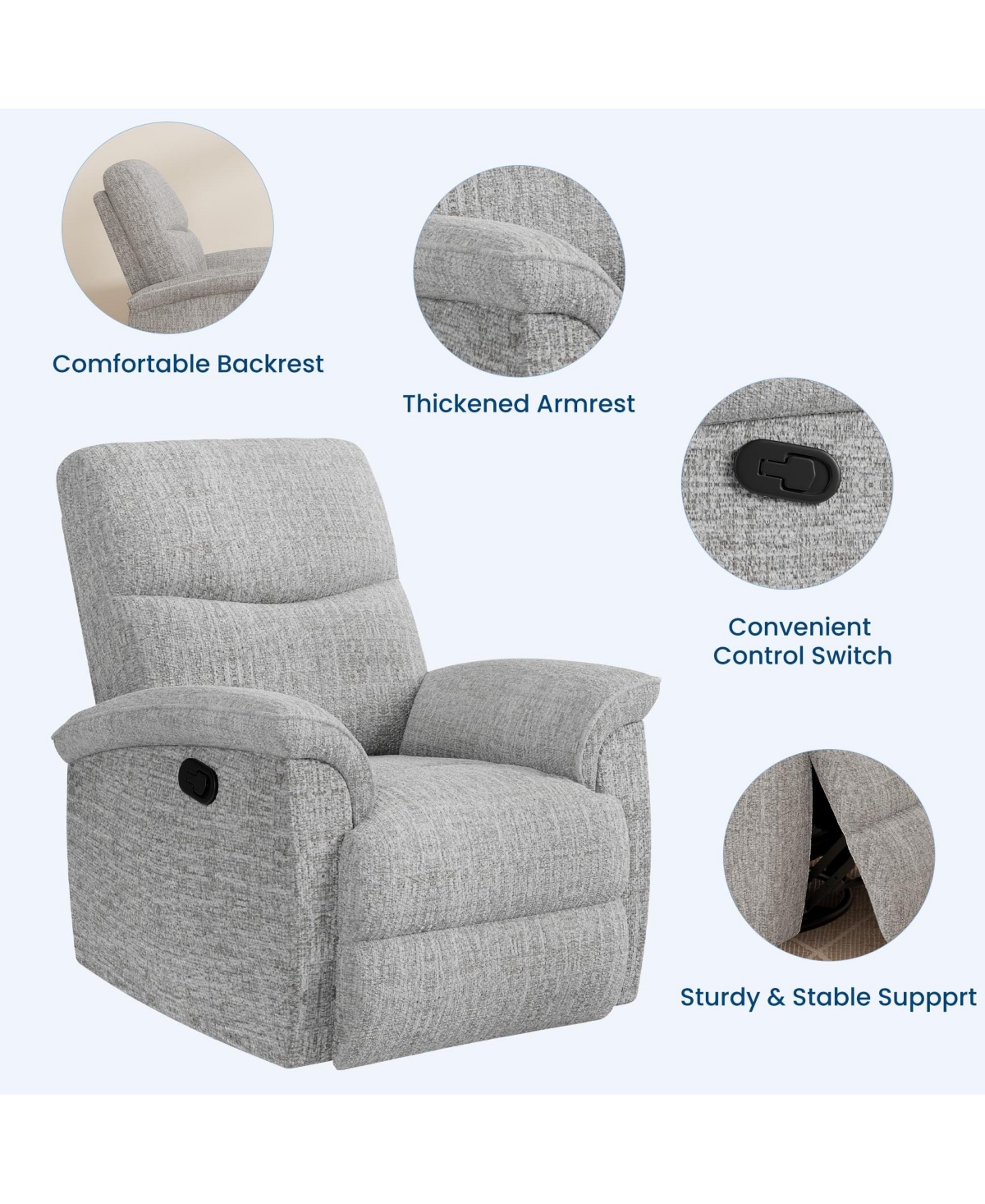 homfan Oversized Swivel Rocker Recliner Chair – Manual Chenille Armchair Extra Wide Seat Comfortable Single Sofa for Living Room